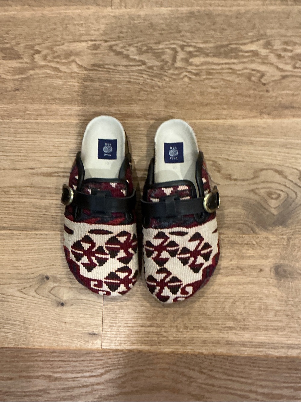 Handwoven Burgundy & Cream Slip-On Clogs with Buckle